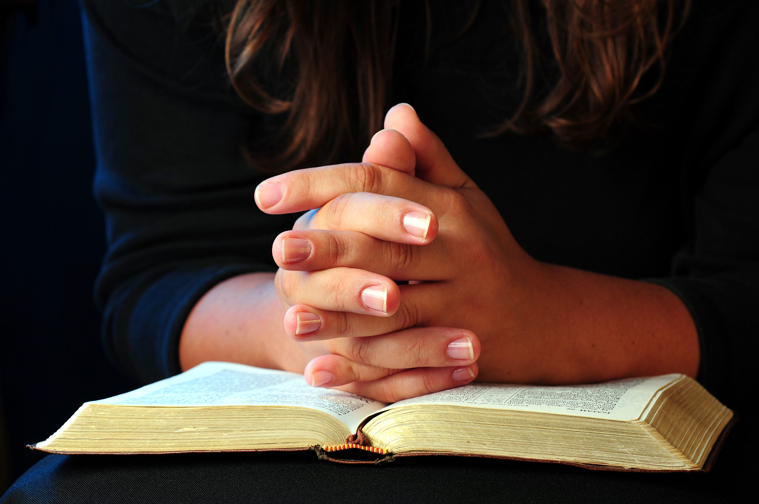 Student reading a bible in a public park